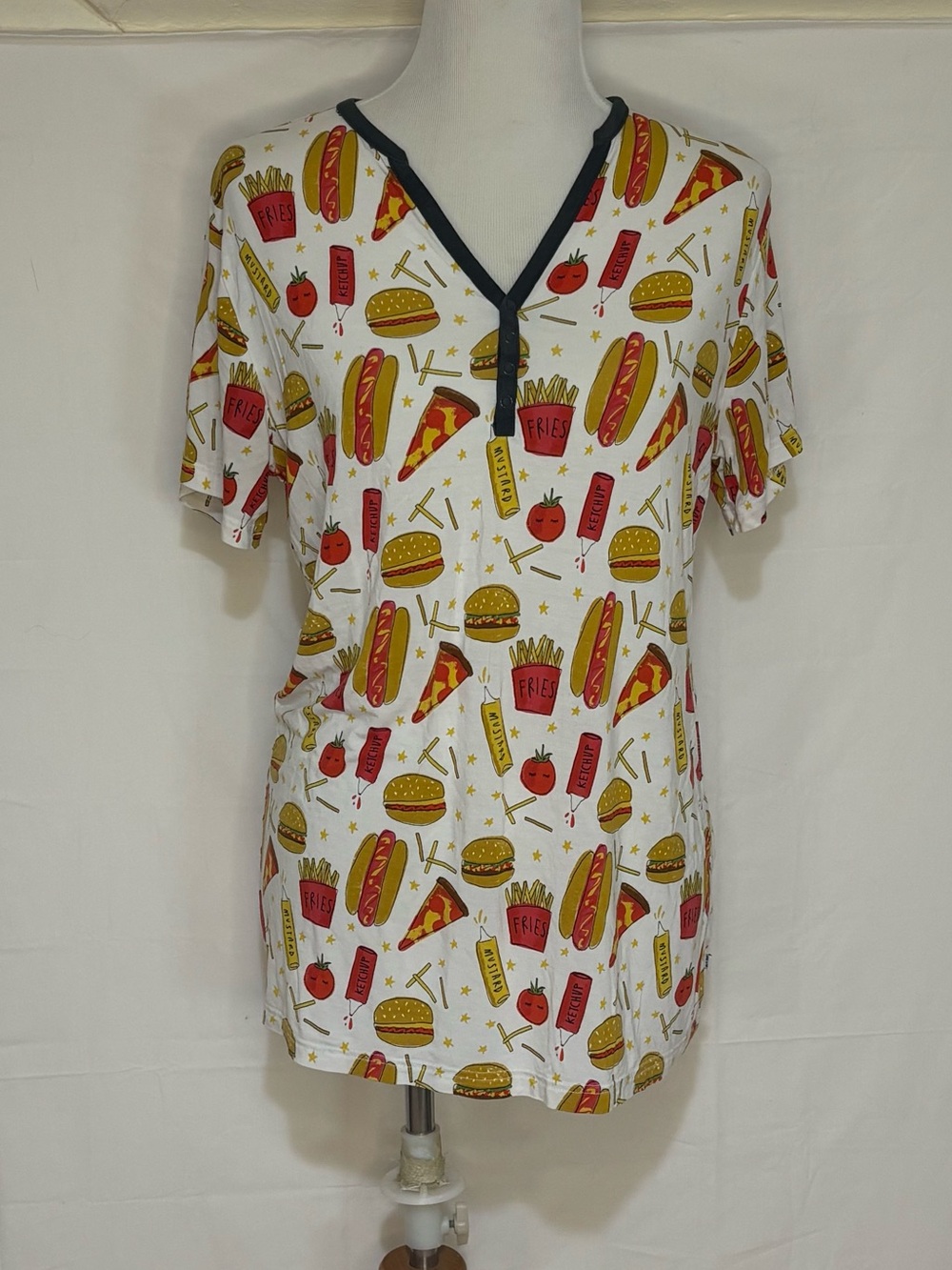 Little Sleepies White Fast-Food Print V-Neck Midi Dress with Black Trim
